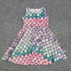 Funnycokid Girls Mermaid Scale‎ Skater Dress Sleeveless Pastel Pink Teal Youth M